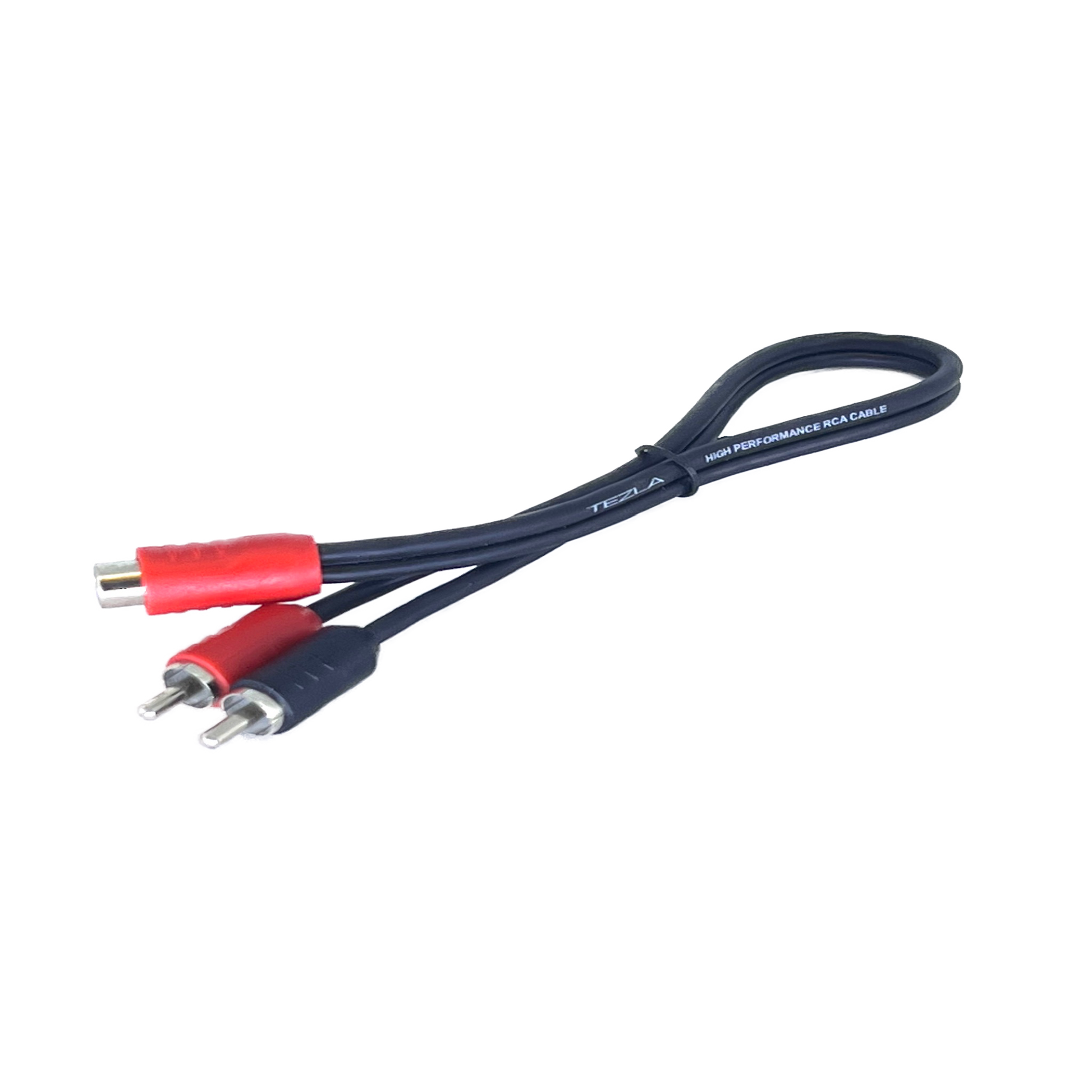 Tezla Audio - TZV0Y2MP - 1 female/ 2 male. Standard RCA, black flexible PVC, copper conductor, injection plastic red &amp; black terminal ends, no splitter